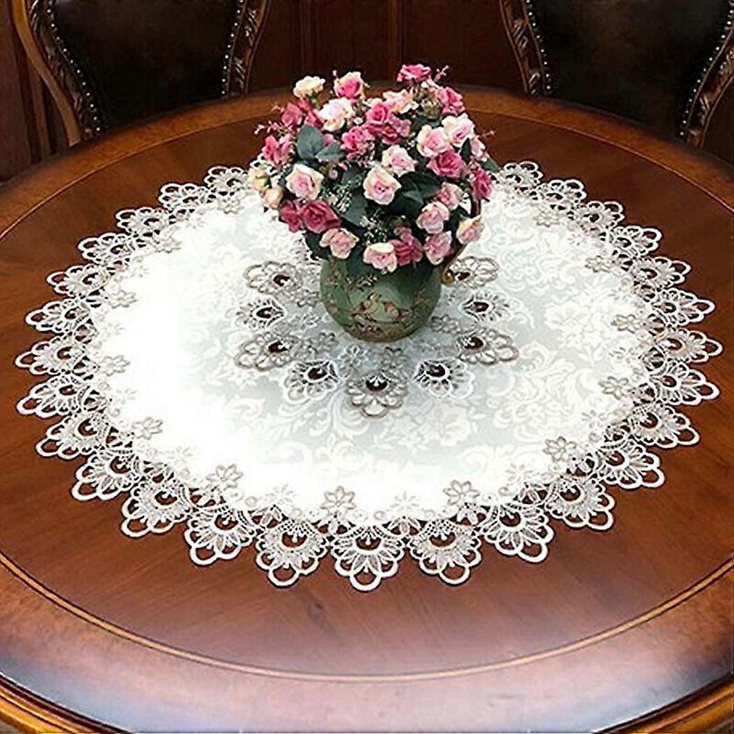 Lace Floral Round Tablecloth with Tassel Solid Color Table Cover for Dining or Coffee Table, 85cm