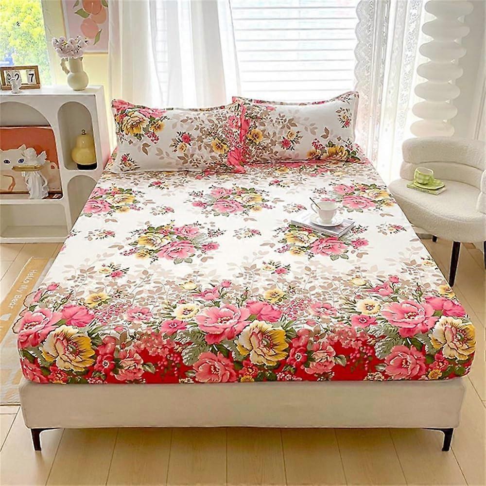 Floral Microfibre Fitted Bed Sheet with 25cm Deep Pocket, AntiSlip, King Double Single, Set of 2 Pillowcases