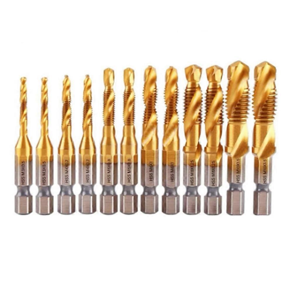 12pcs Titanium Coated HSS Tap Drill Bits Set Hex Shank Screw Thread Bit Screw Machine Compound Tap
