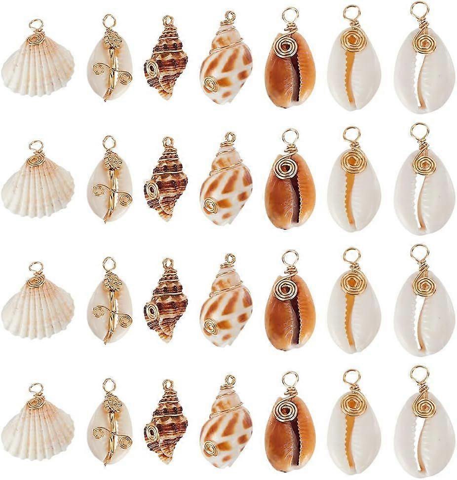 28Pcs 7 Styles Natural Shell Charms Bulk with 18K Gold Plated Spiral Wire Summer Beach Shell Charms Ocean Theme Seashell Pendants for Bracelet Necklac