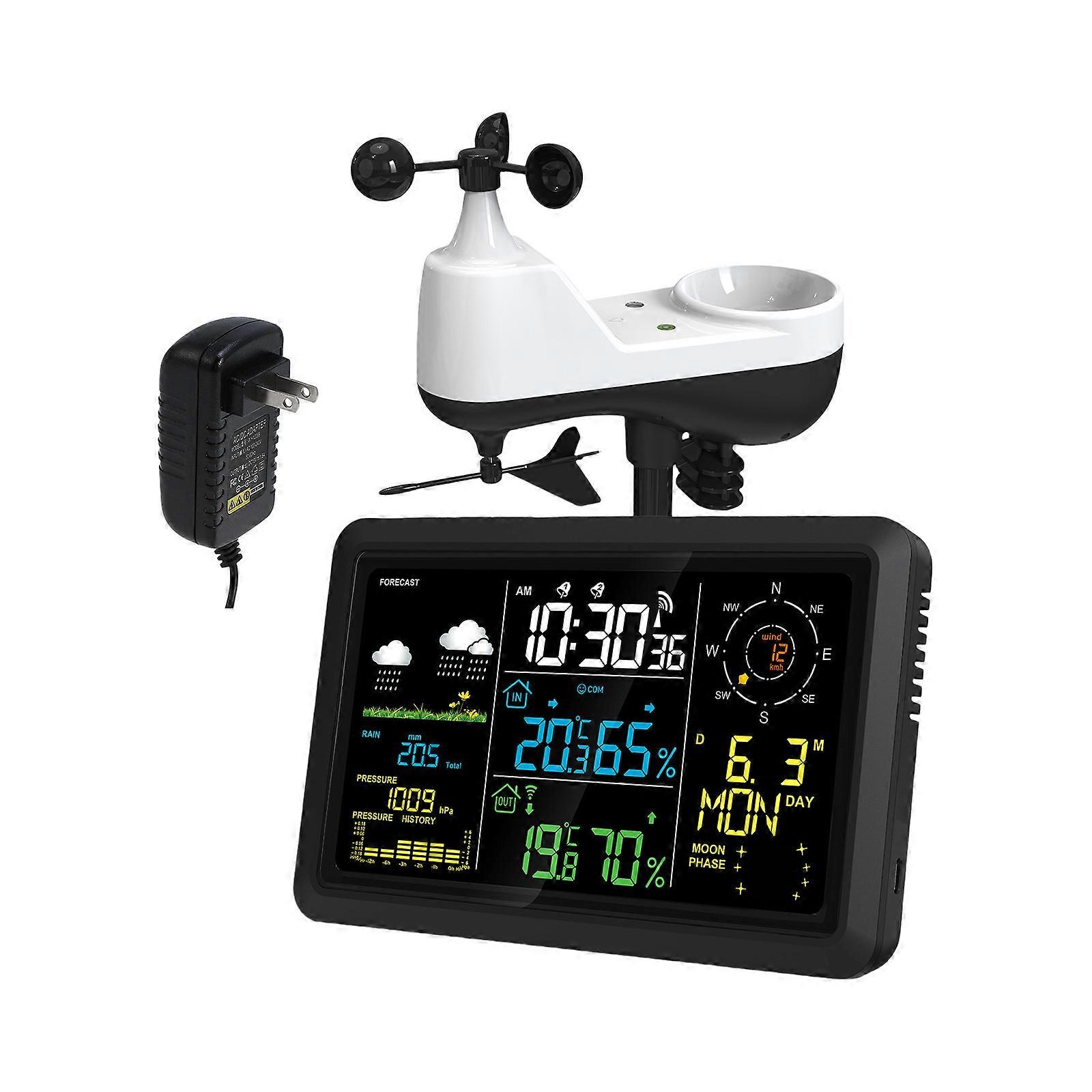 Weather Clock With Wireless Anemometer Rain Gauge Temperature Humidity Pressure Meter Moon Phase Calendar Display Multicolor