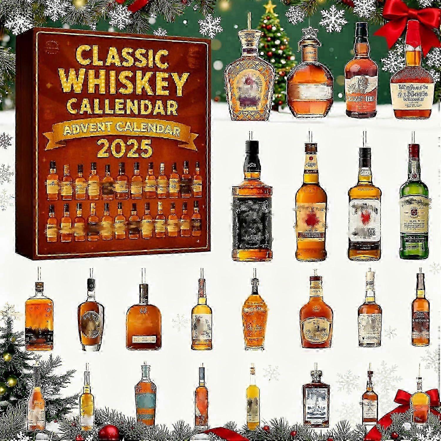 2025 Whiskey Advent Calendar, 24 Days Christmas Countdown Calendar with 24 Whiskeys Christmas 2D Acrylic Ornament, Christmas Tree Ornaments - DX