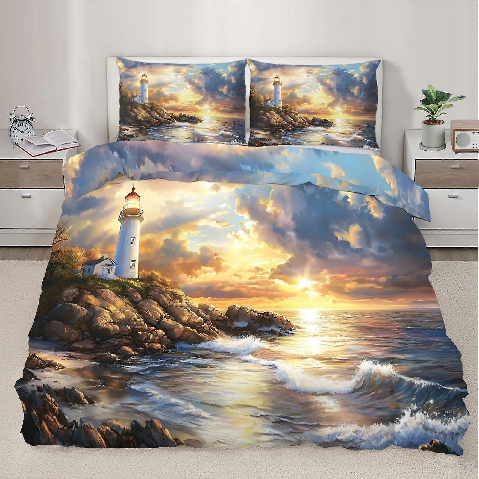 Coastal Twin Duvet Cover Set Lighthouse Bedding for Kids Breathable Microfiber with Zipper Closure