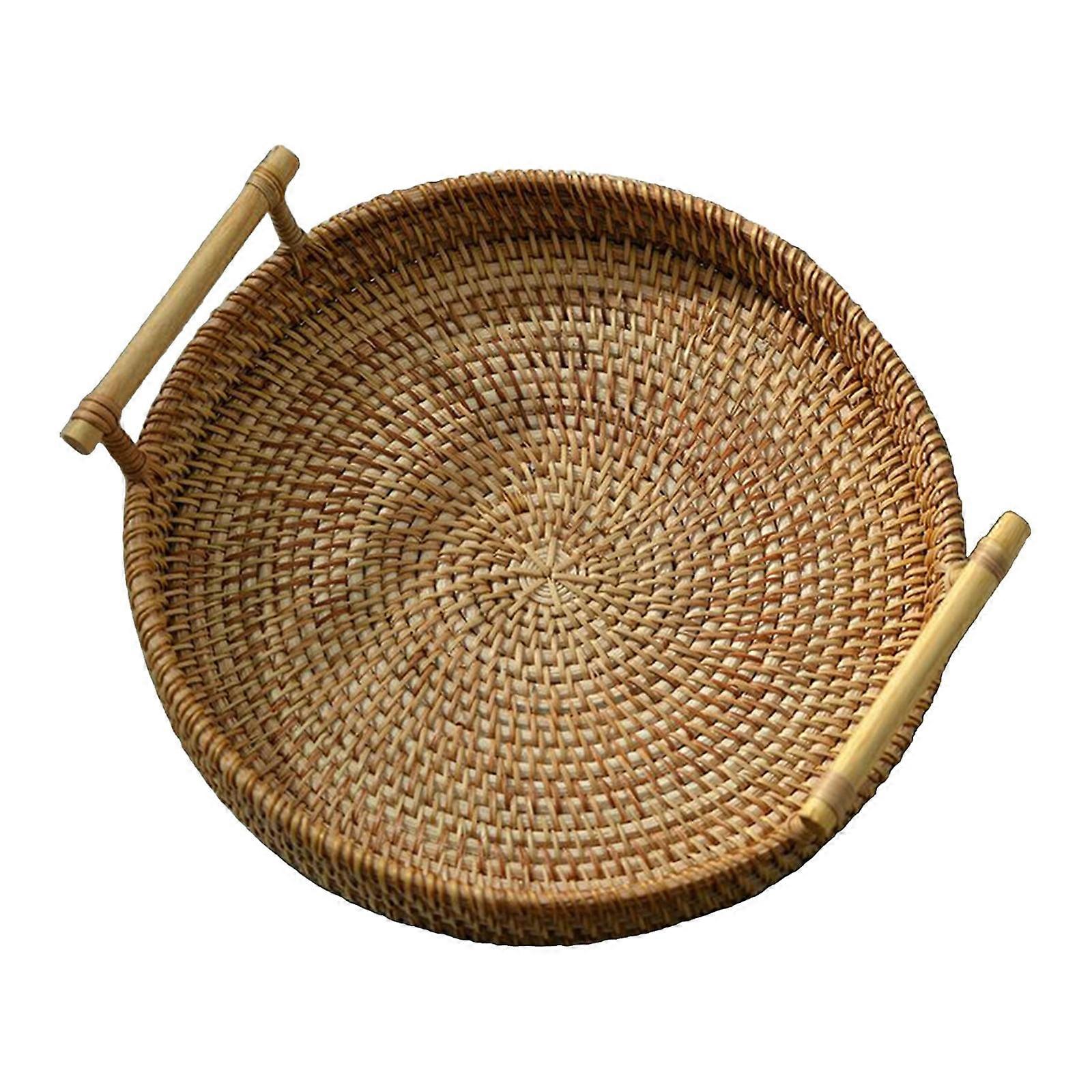 Hand-Woven Rattan Storage Tray, Wicker Basket for Serving, Decorative Organizer with Handles, Round Breakfast Tray 24x3cm