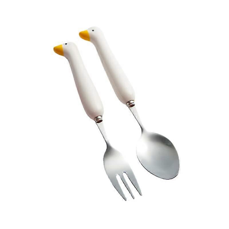 Cute Cutlery Set with Ceramic Cat Claw Handle, Duck Shape Stainless Steel Spoon and Fork, Yellow