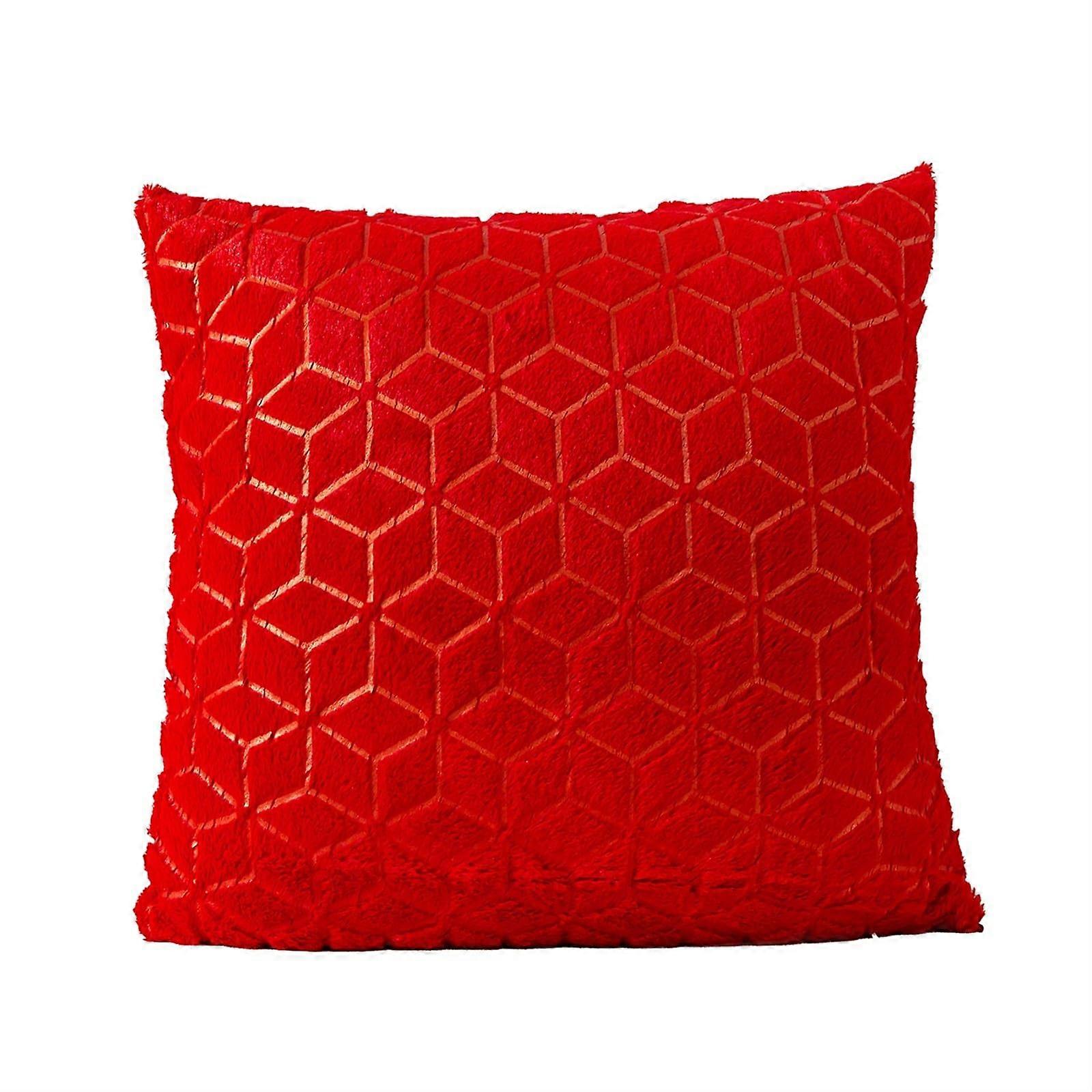 Red Plush Cushion Cover 43x43cm with Geometric Embroidered Design for Sofa Decor