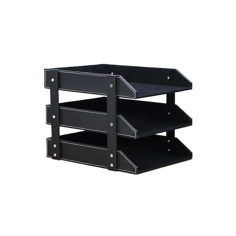 Black Leather Desk File Organizer with 3Layer Stackable Design for Easy Office Document Storage