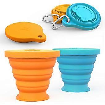 Faltbarer Becher für Reisen, Silikon-Faltbecher, Campingbecher mit Deckel, Faltbecher für Camping, Wandern, Outdoor-Aktivitäten und Reisen (2er-Pack – Blau-O)
