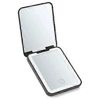 Compact Mini Vanity Folding Cosmetic Mirror with Lights Hand Held Small Pocket Travel Makeup Mirror 2X Magnifying Black