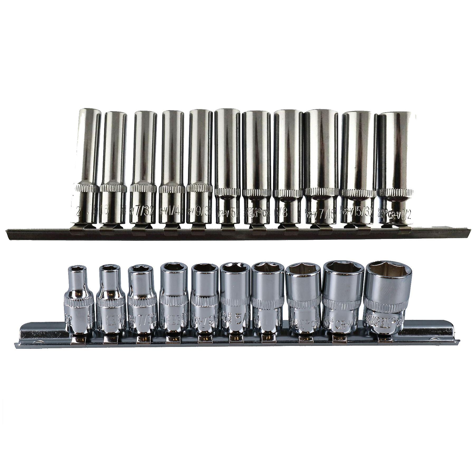 1/4" Drive Shallow + Deep Imperial AF SAE 6 Sided Sockets 5/32” – 1/2" 20pc