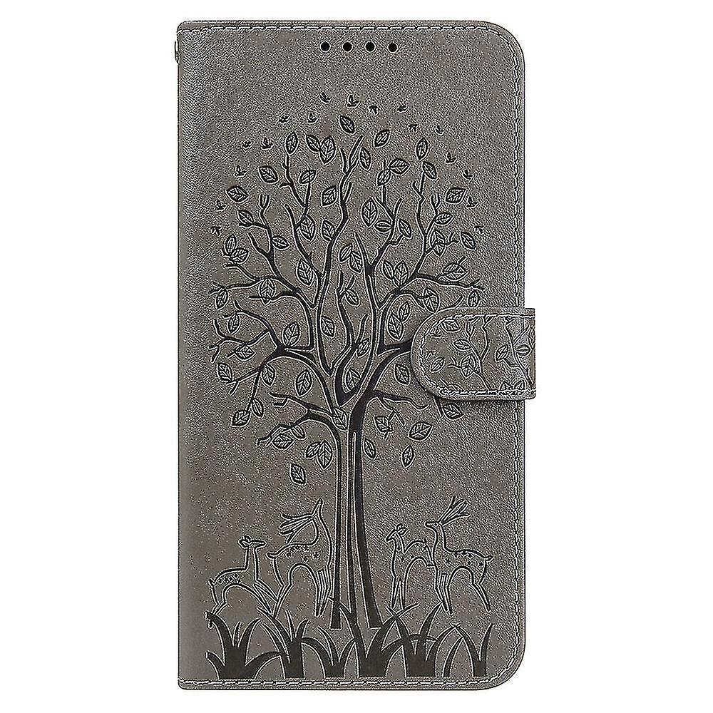 Compatible With Xiaomi Poco C3 Case Leather Cover Embossing Etui Coque - Grey Tree And Deer