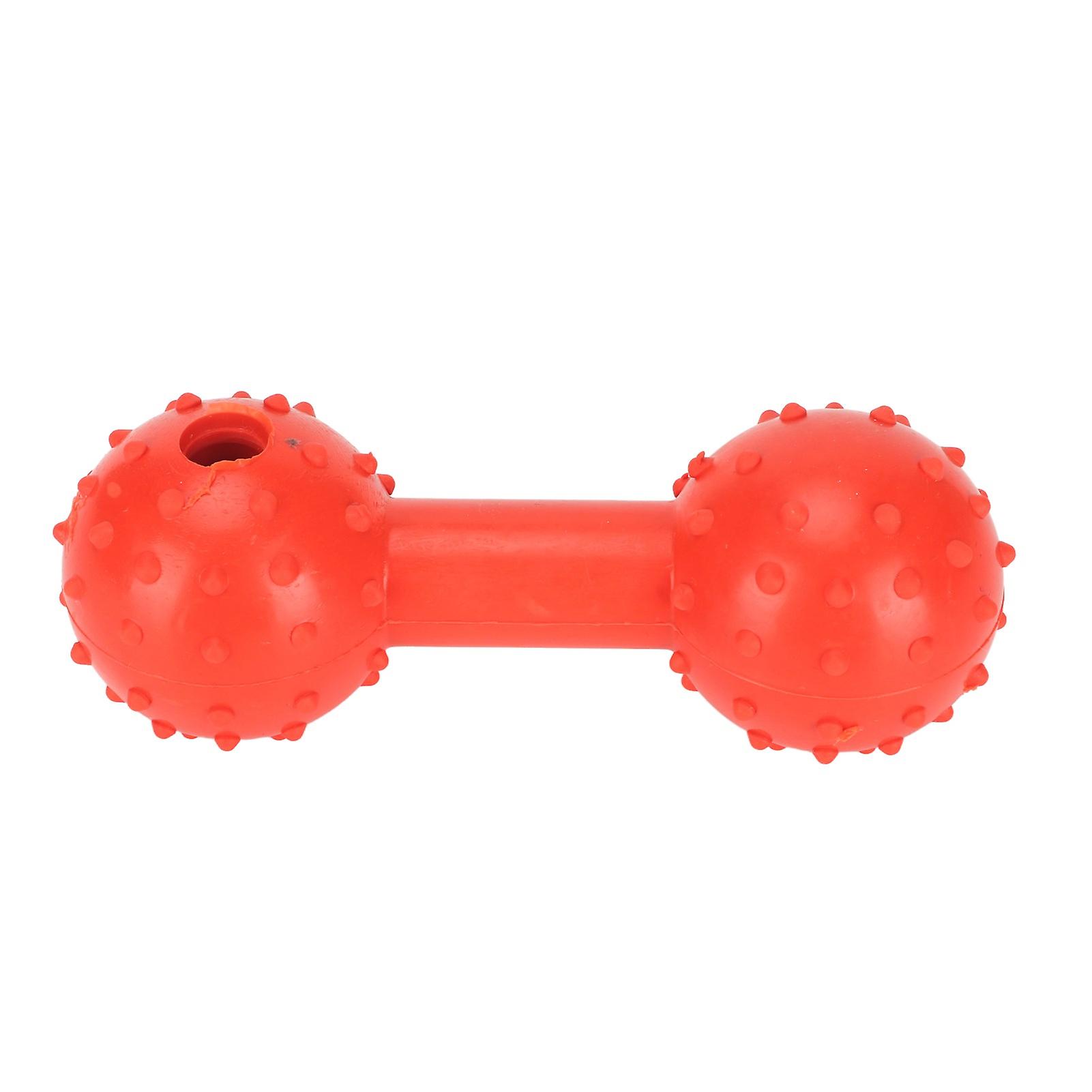 Dog Treat Dispensing Toy Teeth Grinding Interactive Barbell Shape Rubber Pet Chewing Toy for Puppy Red