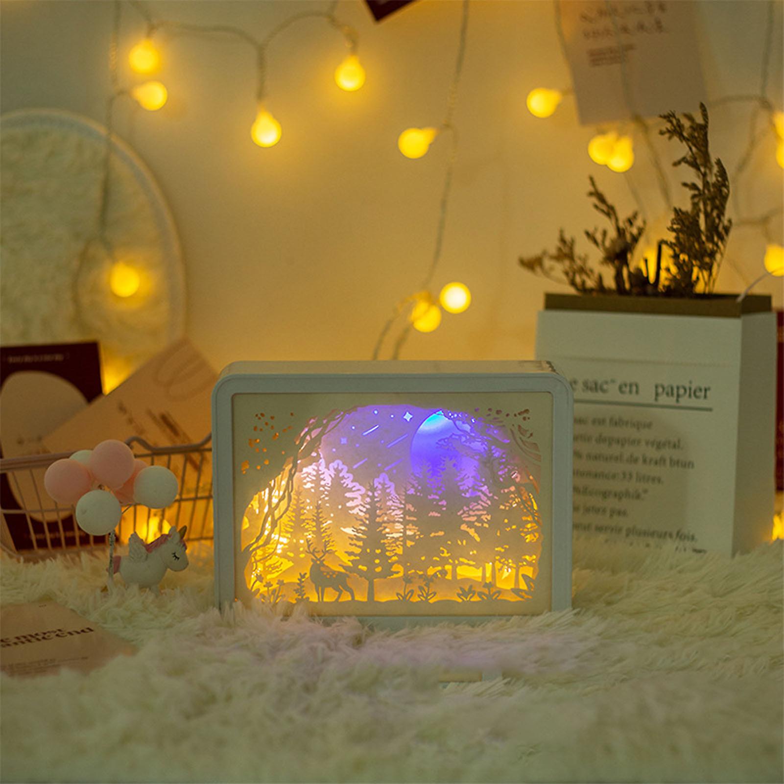 Papercut Light Box Soft Warm Light Romantic USB Battery Powered 3D Paper Carving Lamp for Bedroom Office Party Type 3 (Manual Switch) 