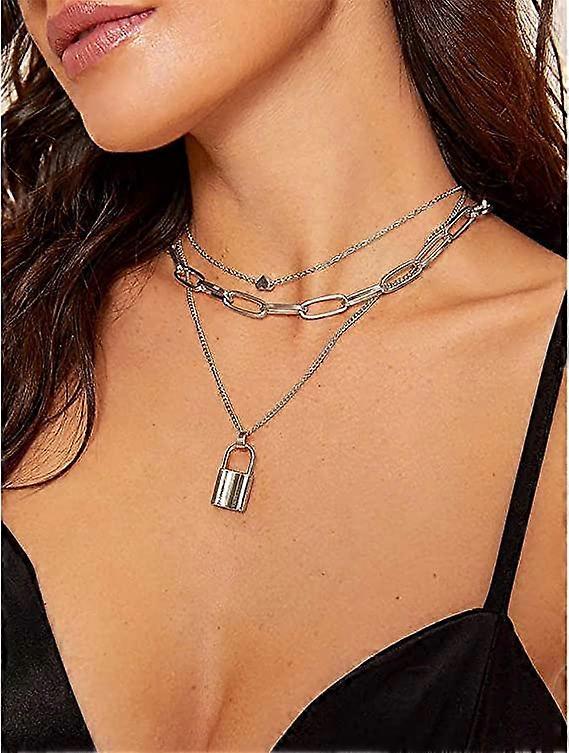 Wekicici Layered Lock Necklace Set | Punk Multilayer Choker Chains For Eboy, Egirl, Emo & Goth Style - View #2
