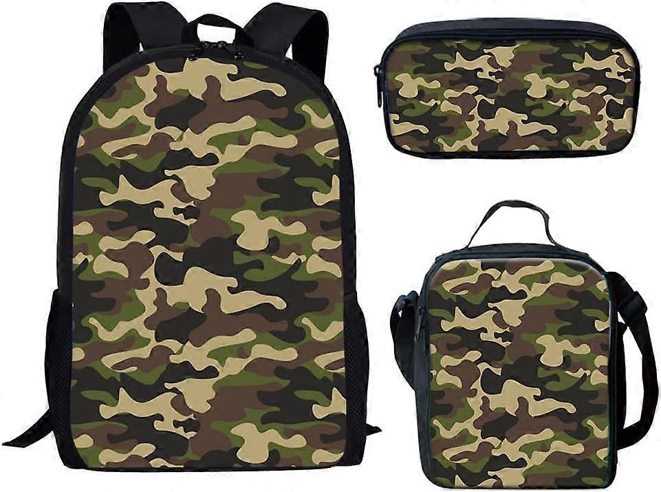 Vert Camo Armée Impression Garçons Enfants Bookbag 3 Pièces Ensemble Ecole Étudiant Sac à dos avec Compartmen Lunch Tote Bag Pencil Bag