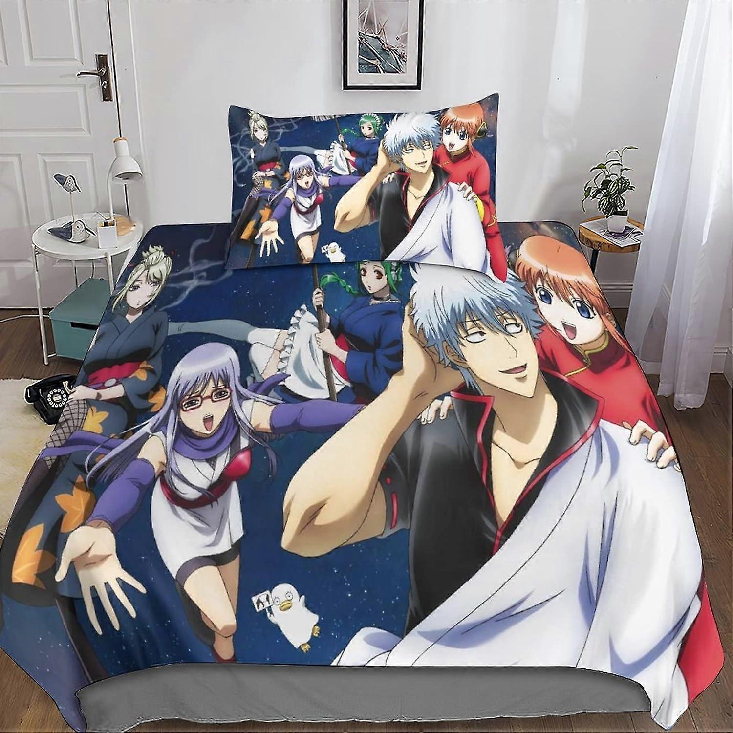 Gintama Bedding Set 3D Duvet Cover, Printed 2 Pieces, Microfiber Bedding with Zipper Closure Pillowcases for Single or Double Bed Single