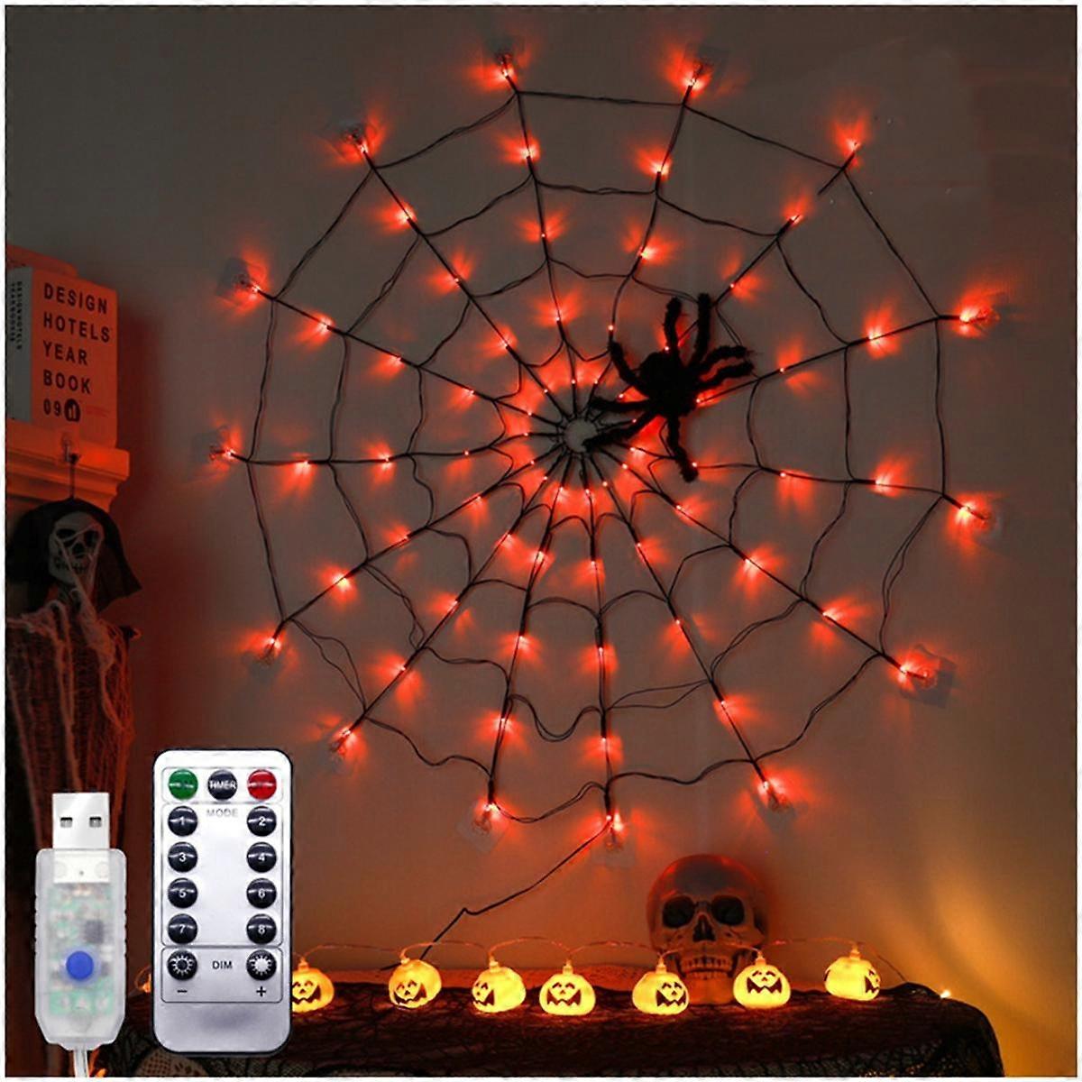 Halloween Spider Web Lights USB 8 Modes Spider Web Wall Net Lights for Scary Halloween Decoration G