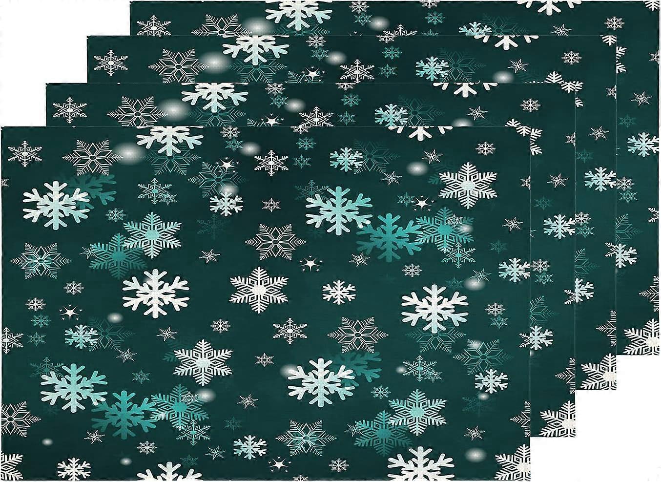 Noël Hiver Flocons de Neige Sets de Table, Vert Foncé Hiver Tapis Toile De Lin Toile De Jute Lavable À Deux Étages Isolation Thermique Pour Table À Manger Ensemble De Table De Cuisine