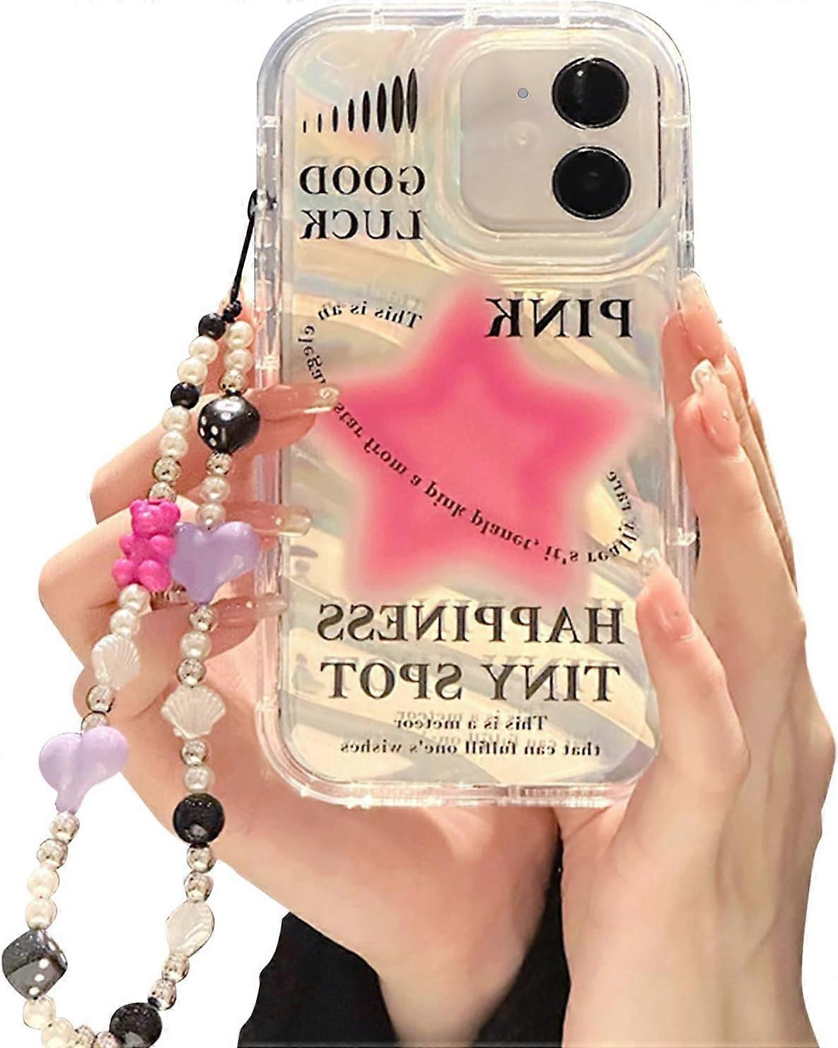 Heyone Case for iPhone 13 pro max with Phone Charm/ChainSparkly Pink Star Pattern Clear Cute Phone C