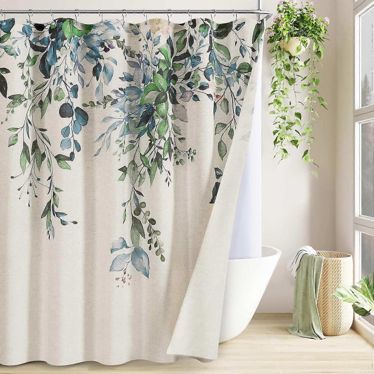 ライナーとフックのスナップイン付きグリーンリネンシャワーカーテンバスルームシャワーカーテンセットハンターグリーンセージベージュタントープクリーム自然芝生葉ユーカリ