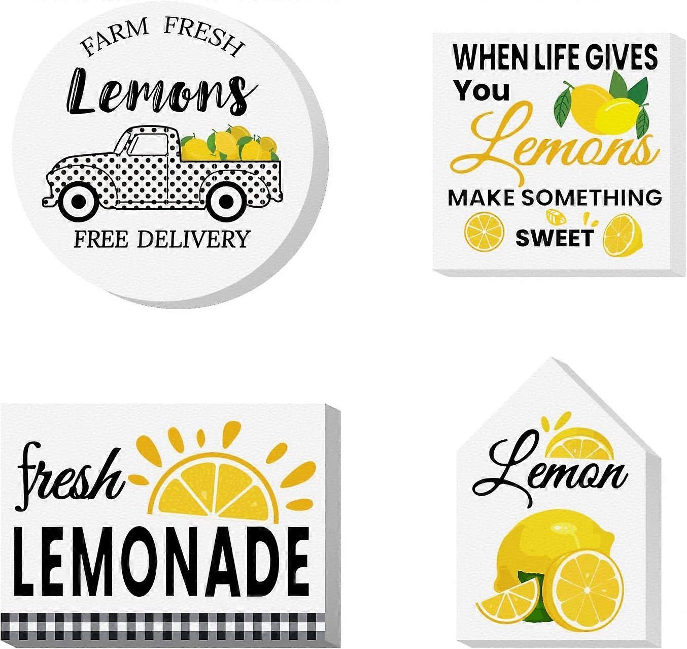 4pcs/Set Wood Sign Lemon Theme Tiered Tray Decor Set Self Standing 3D Wood Sign for Craft Projects Signs DIY Projects Square Round Rectangle Polygon 3