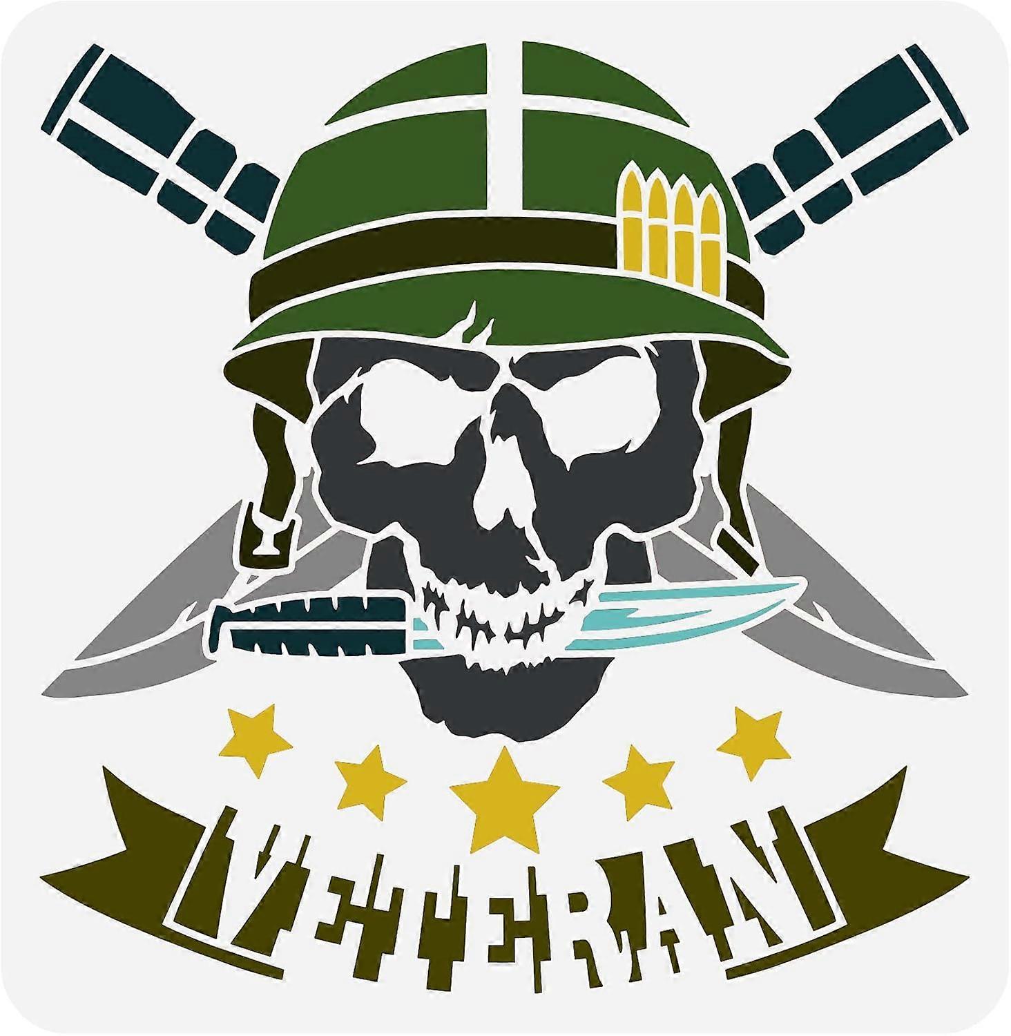 Veteran Skull Stencil 11.8x11.8 inch Military Skull with Knives and Bullets Stencil Plastic Skull Star Pattern Stencil Reusable Stencils for Painting