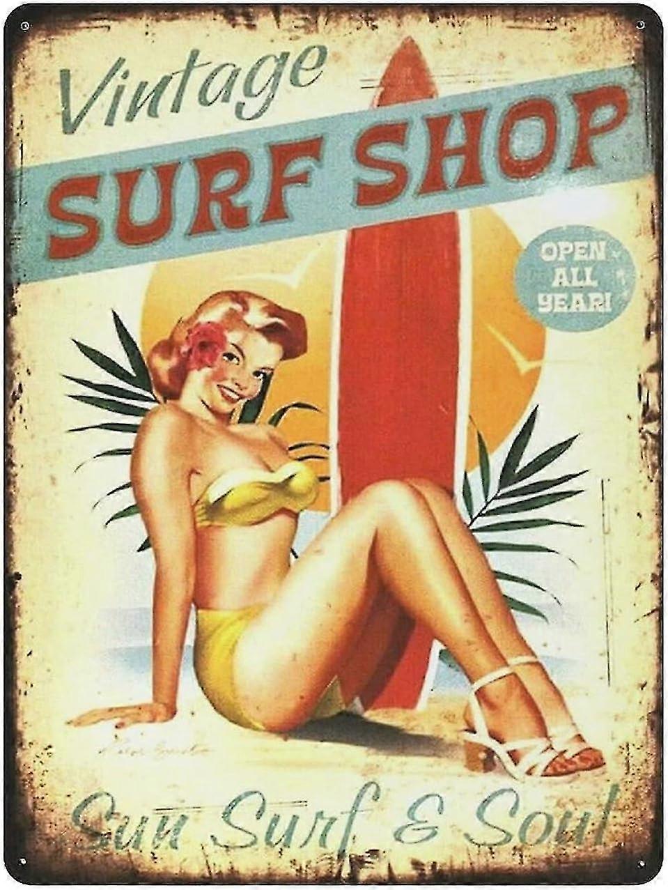 Placa de Metal Surf Shop Pin Up Girl Vintage Lata Poster Placa de Metal 8x12 Polegadas OU 12x16 Polegadas Modo 1735