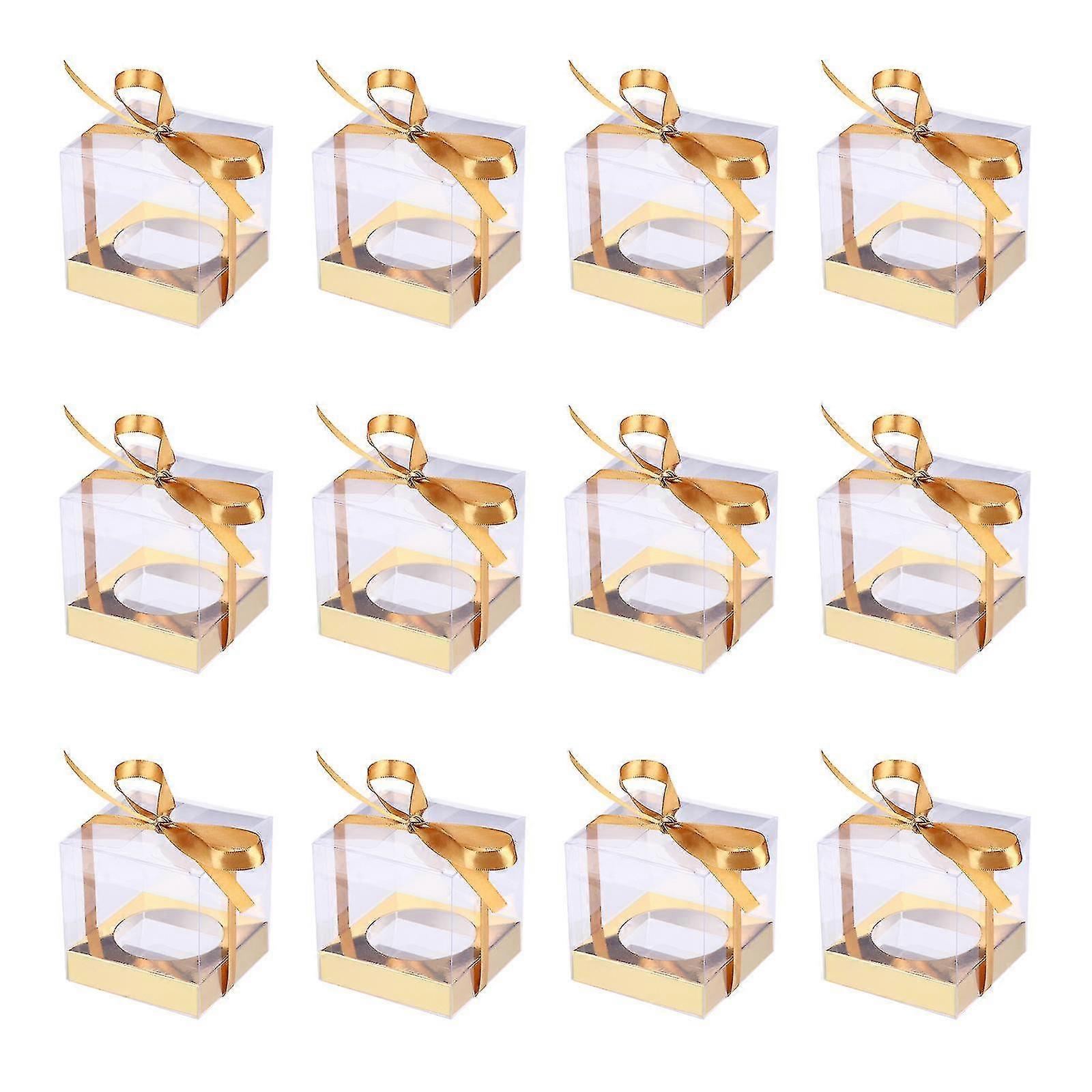 12pcs Transparent Cake Boxes Pvc Cake Packaging Boxes Organizers With Ribbon( Color : Golden )