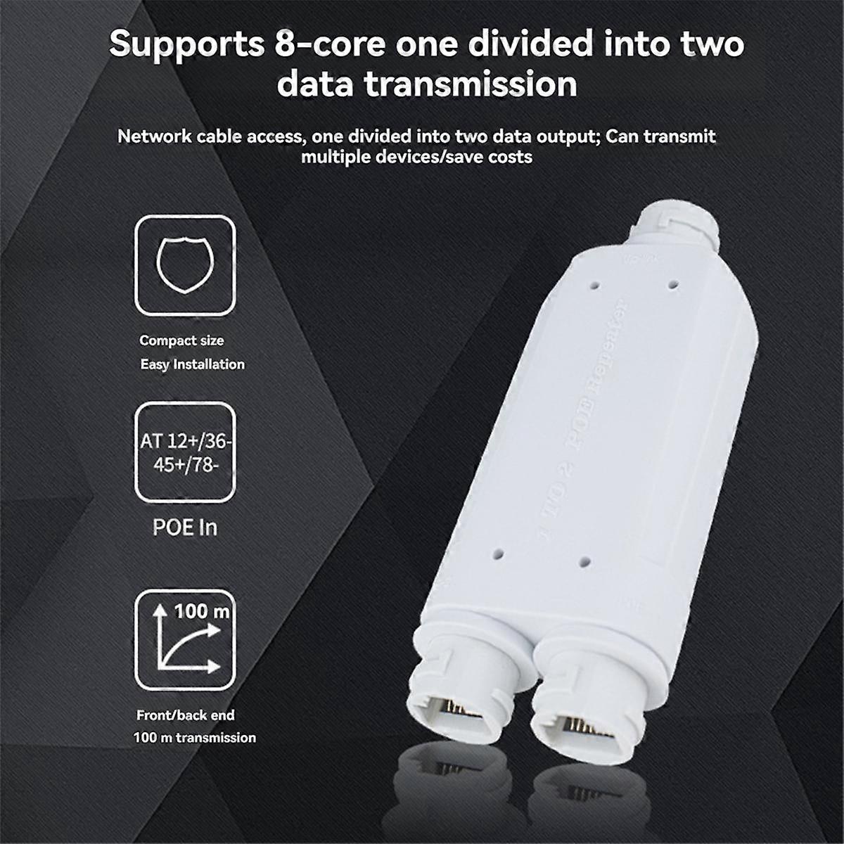 2 Port Waterproof POE Repeater 10/100Mbps 1 to 2 PoE Extender Support for IEEE802.3af/At Outdoor for POE Switch Camera