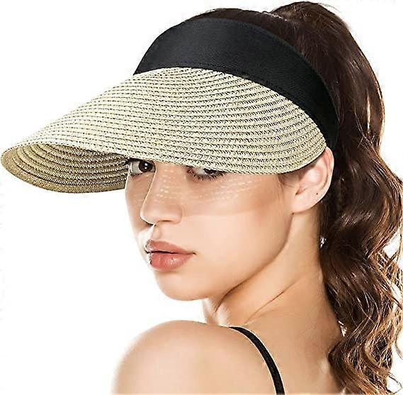 Beige ColorWomen's Sun Visor Hats Wide Brim Straw Wrap Ponytail Summer Beach Hat UV UPF Foldable Foldable Travel
