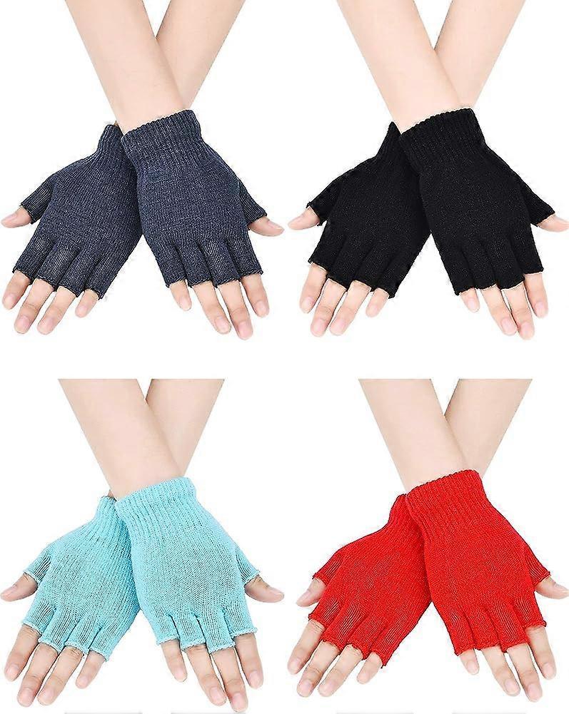 4 Pairs Fingerless Gloves Half Finger Mittens Winter Solid Color Knitted Typing