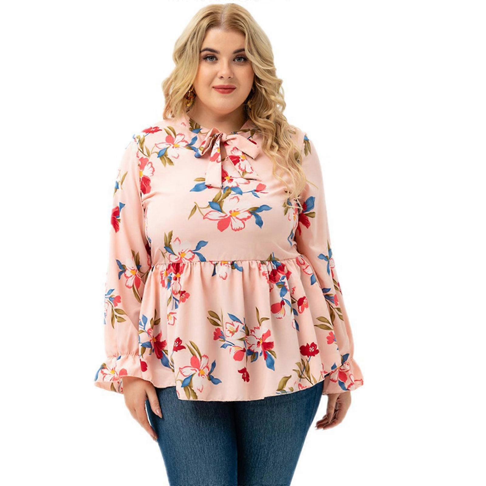 Stilfulde blomsterprint Peplum toppe til kvinder Plus Size Butterfly hals bluse toppe