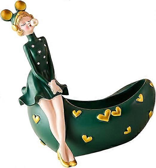 Bubble blowing girl statue with tray storage box desktop miscellaneous storage, resin statue keychain