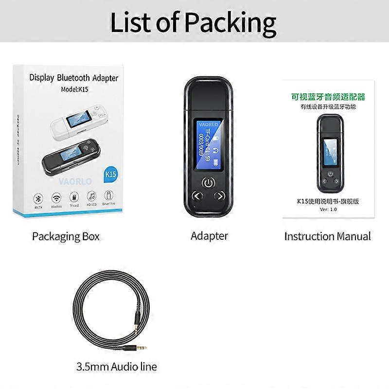 VAORLO LCD Display USB Bluetooth 5.0 Audio Adapter Built-in Battery 3.5mm RCA USB TF Stereo Music For PC TV CAR Wireless Dongle