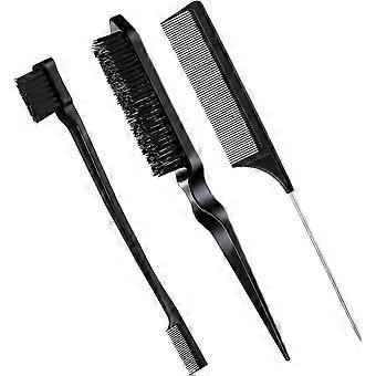 3 Pcs Slick Brush Set Bristle Hair Brush Teasing Comb Edge Hair Brush Grooming Combs Sturdy Rat Tail Comb for Women Babies Kids' Hair (Black)