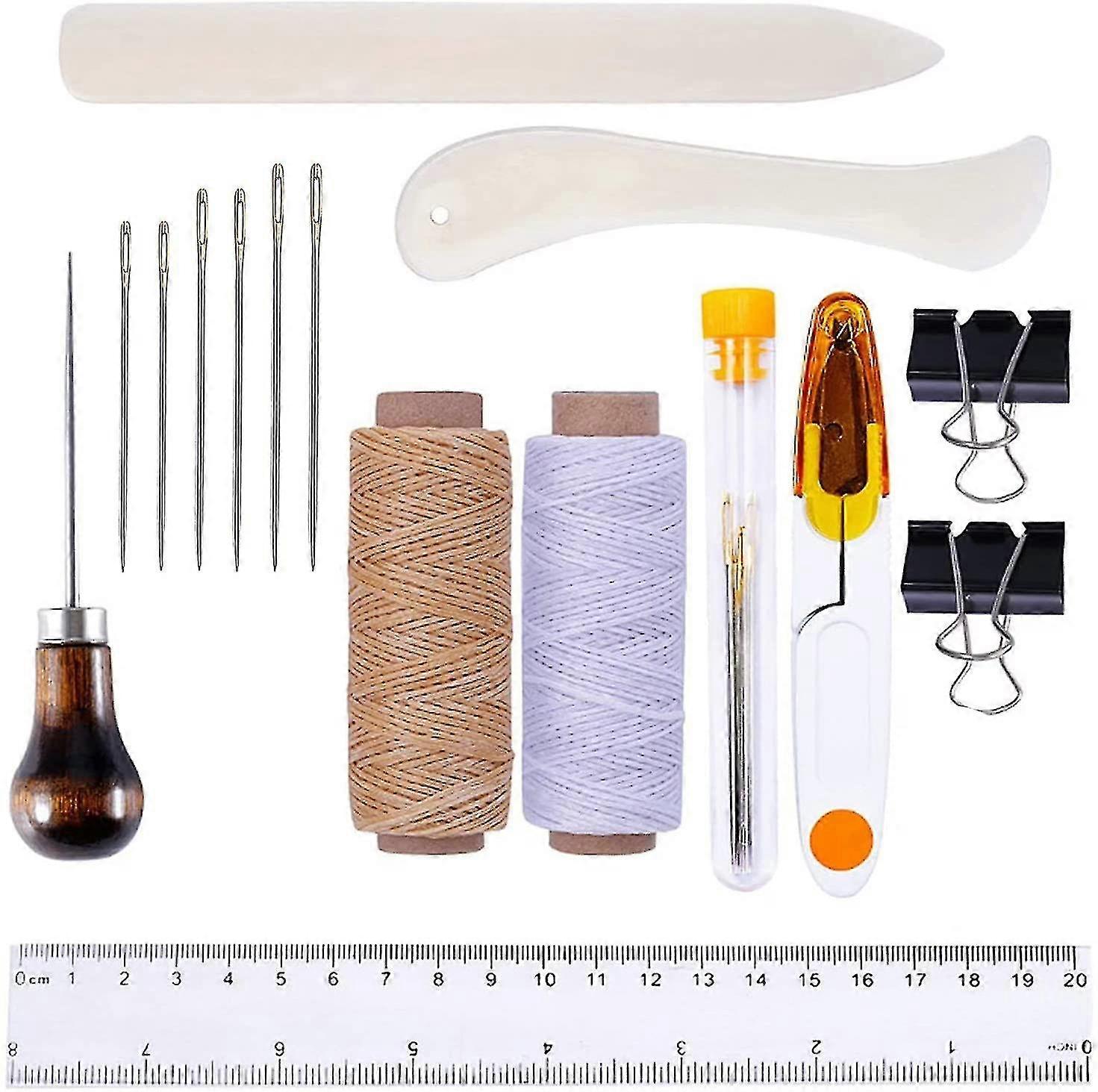 Set Of 16 Bookbinding Kit Tools Set Bone Folder Paper Creaser, Waxed Thread, Awl, Large-eye Needles For Diy Bookbinding Crafts And Sewing