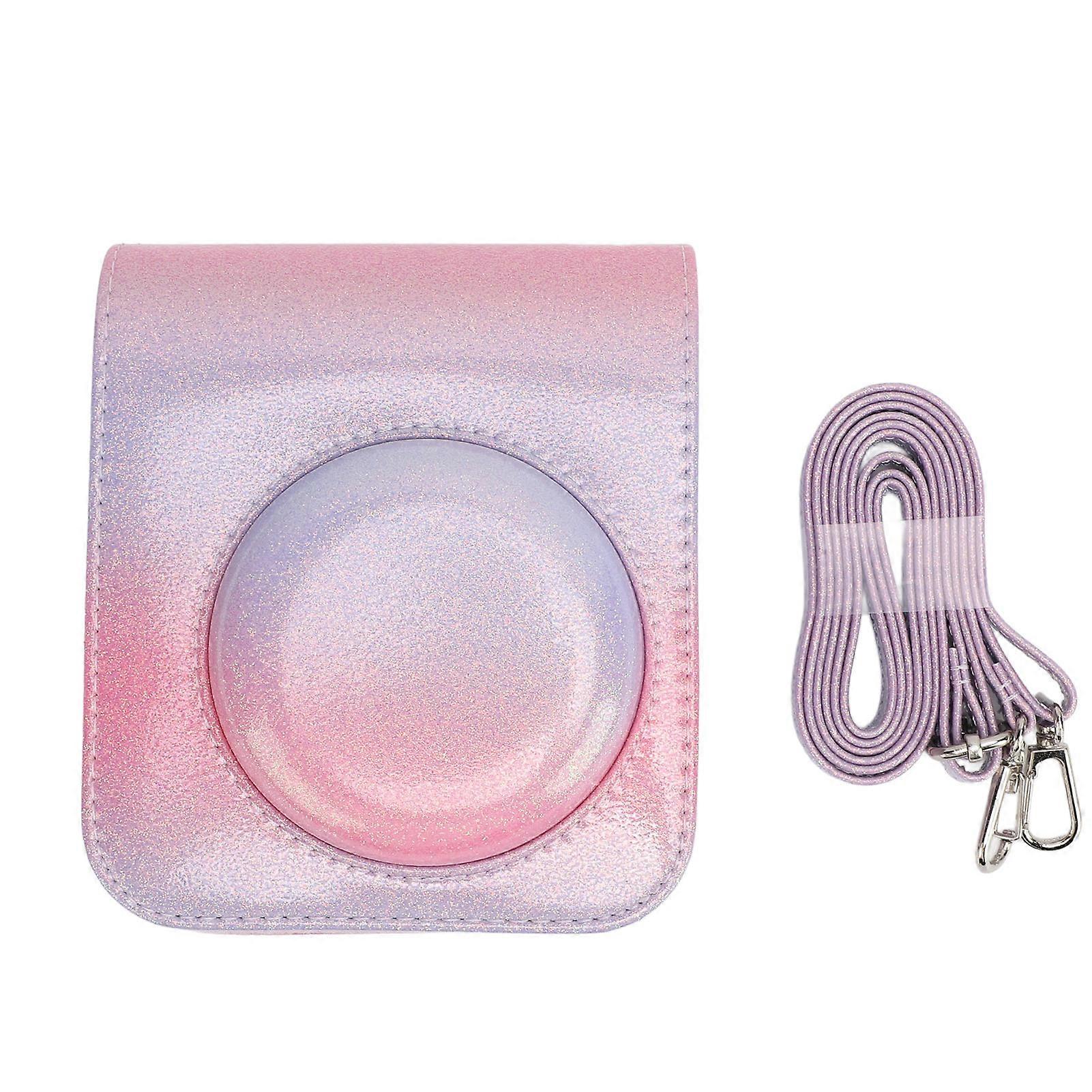 Instant Camera Case Rainproof Scratch Proof PU Leather Camera Protective Bag with Shoulder Strap for Mini 12 Pink Purple
