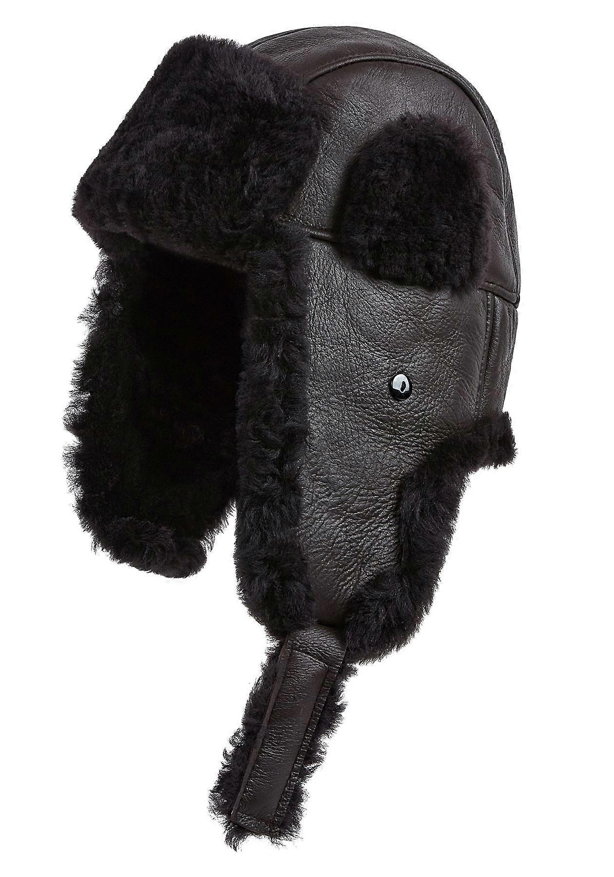 Mens Brown RAF Aviator Sheepskin B-55 Trapper Hat Winter Warm Leather Navigator Hat