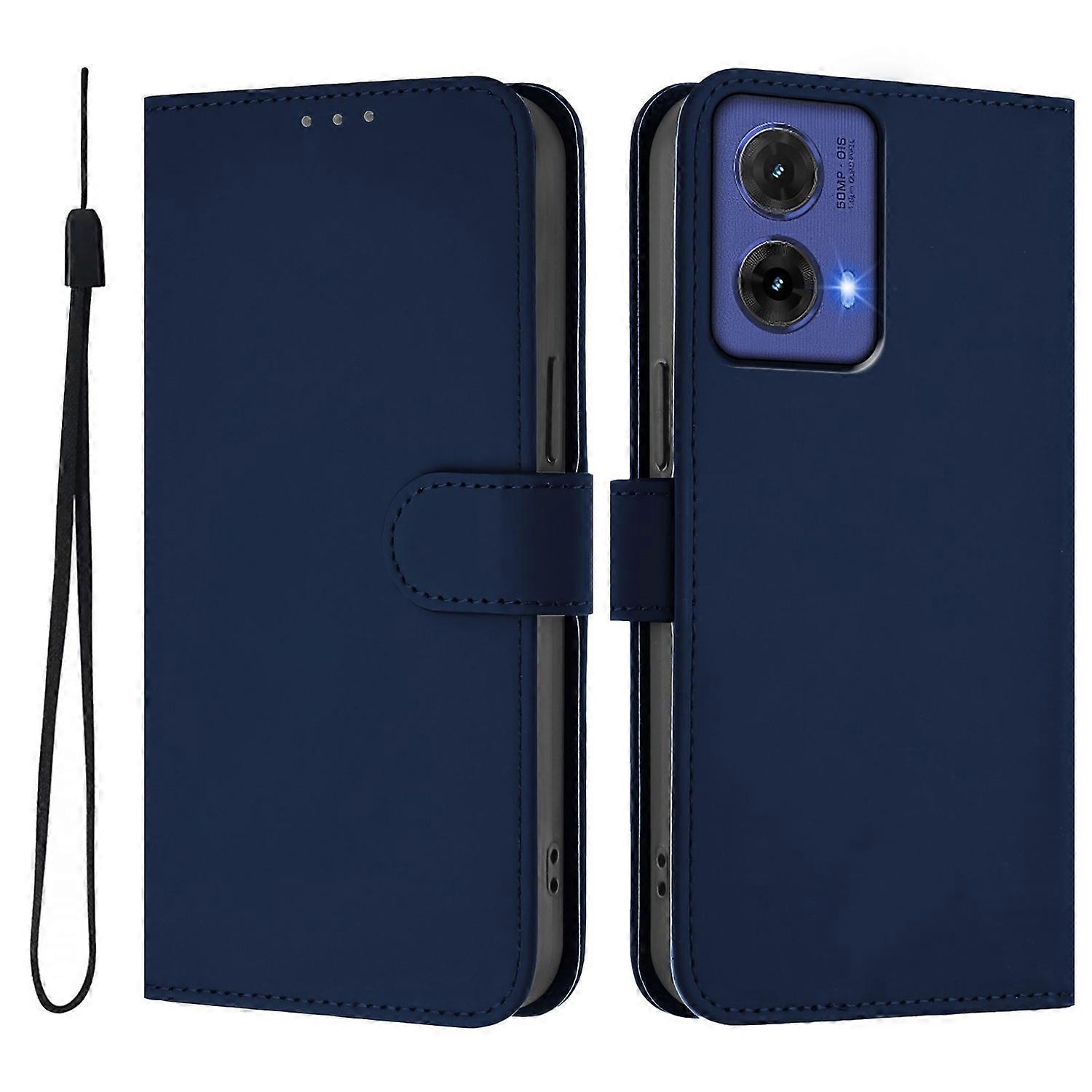 For Motorola Moto G85 5G Case Solid Color Wallet Leather Phone Cover with Strap - Navy Blue