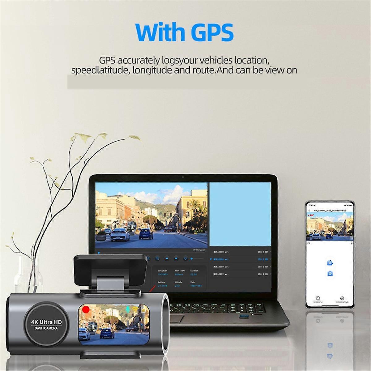4K Dashcam Mini Camera Recorder GPS Wifi 64G Parking Dual Lens with 1080P Rearview Camera Night Vis