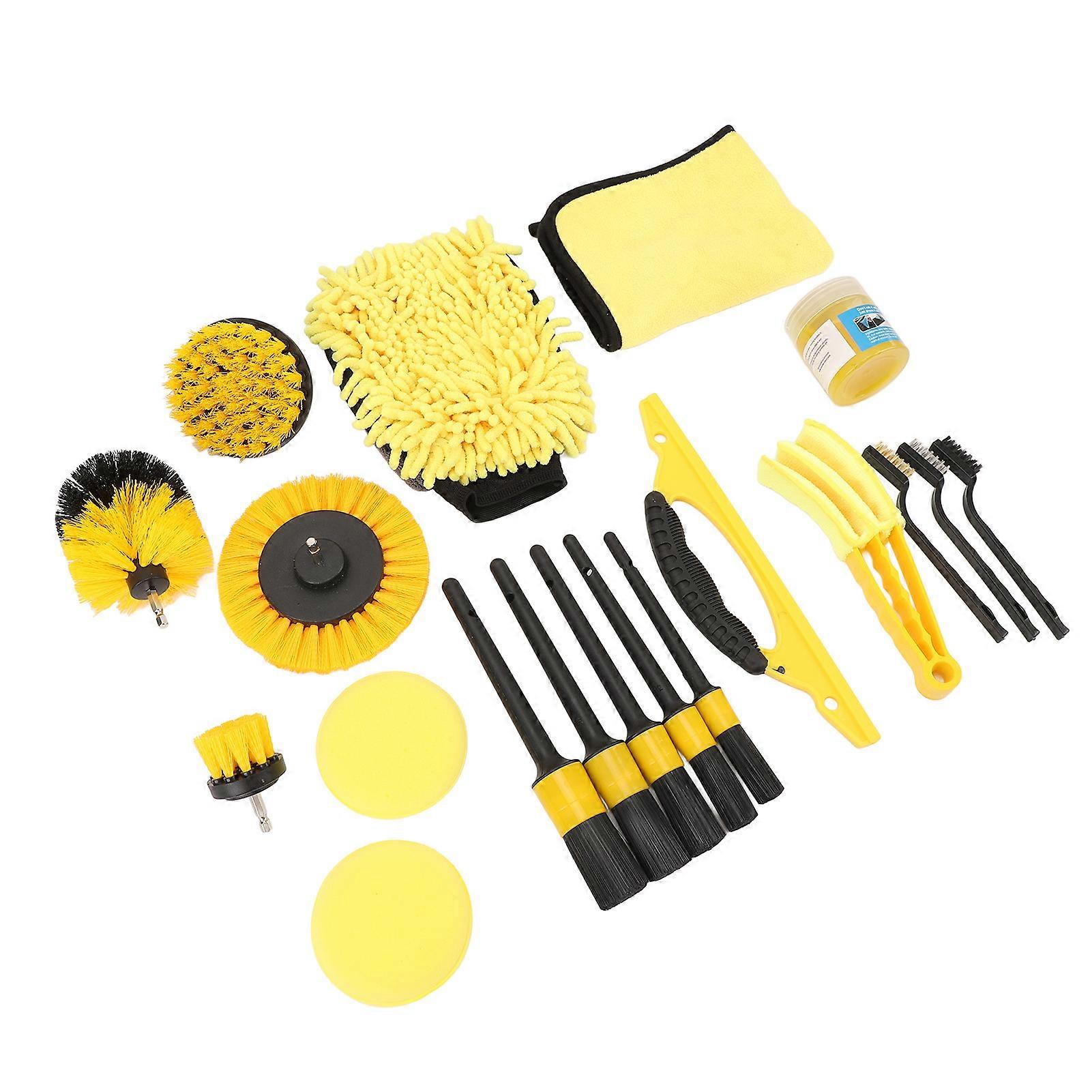 Versatile Drill Brush Attachments Set for Car Cleaning - Wire & Interior Brush, Yellow