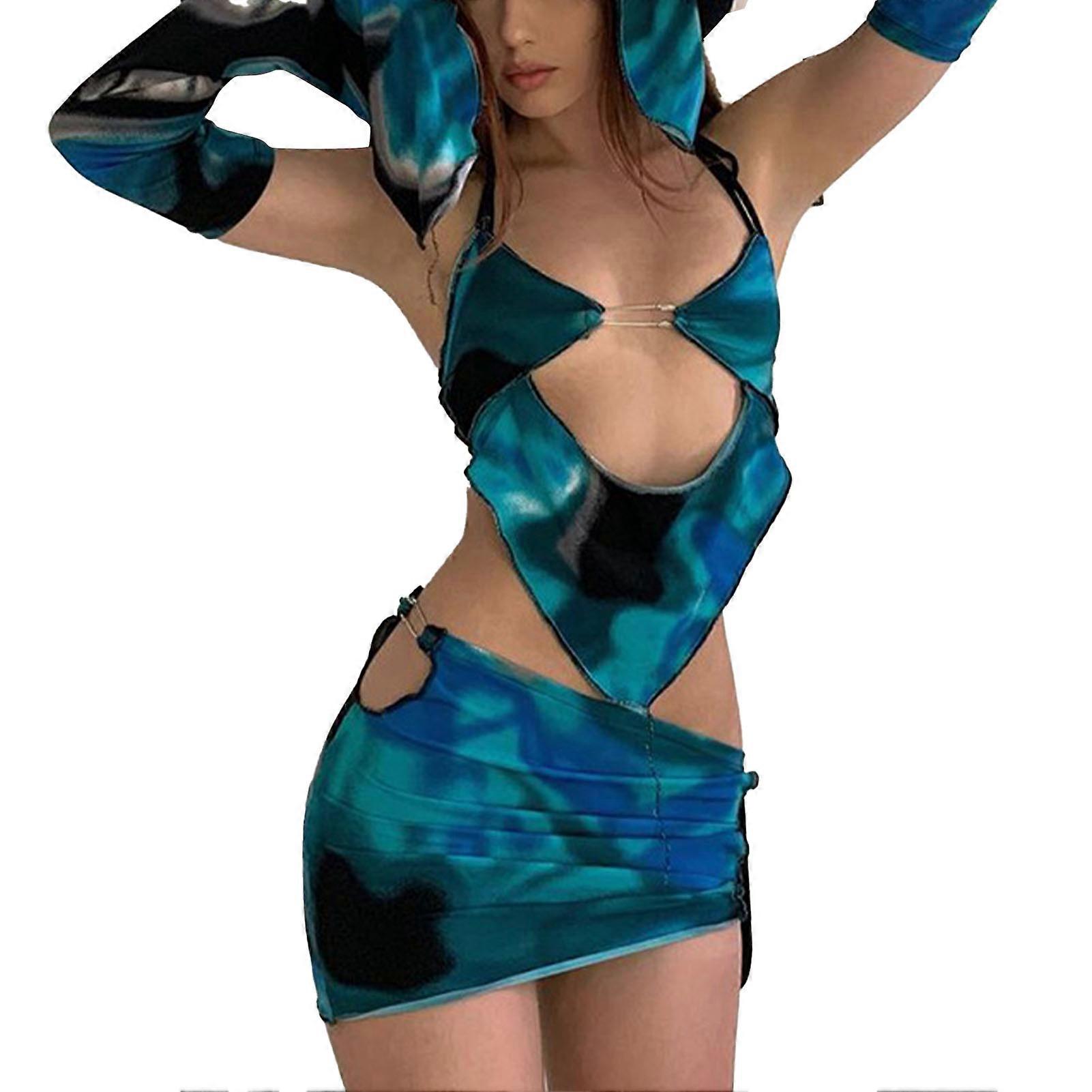 Conjunto de saia feminina com decote halter e saia curta com mangas compridas