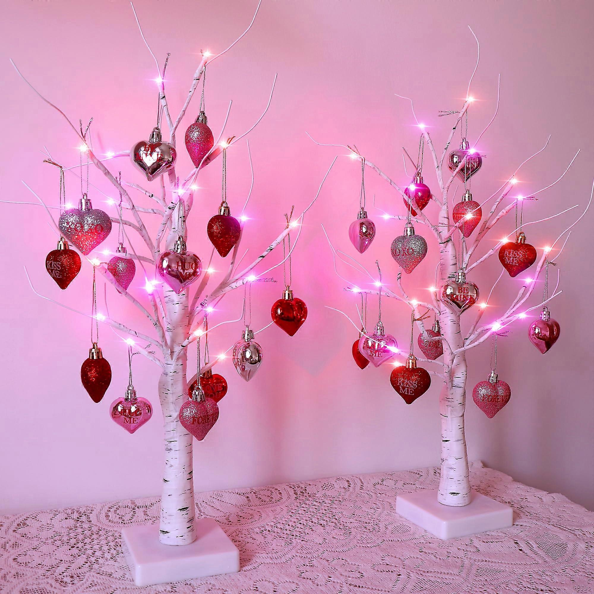 Lighted Birch Tree Decorations with White Branches and Hanging Heart Shaped Ornaments for Valentines Day 24 Inch