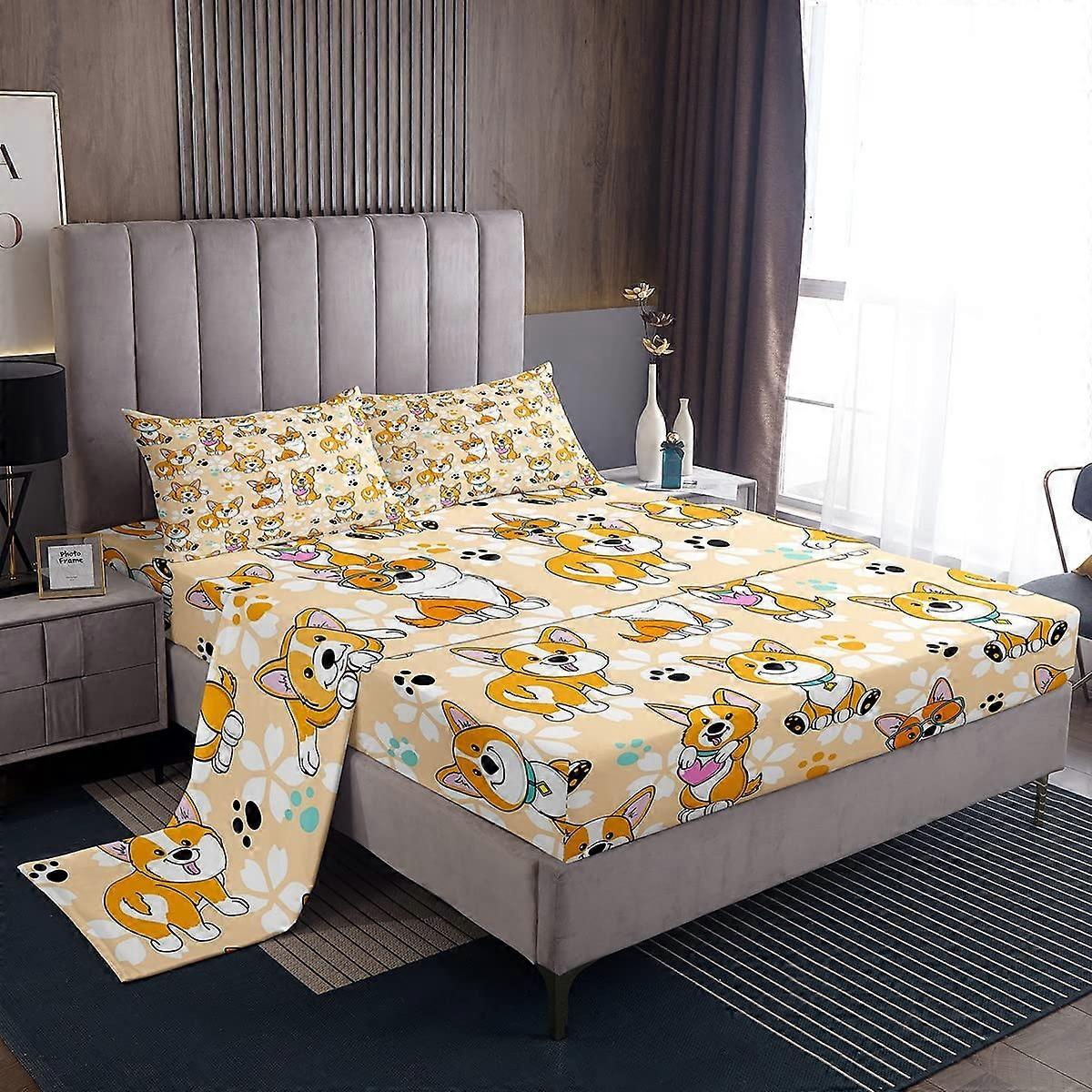 Corgi Cartoon Dog Paw Smiling Sheet Set For Kids Full Size Yellow Kawaii Style