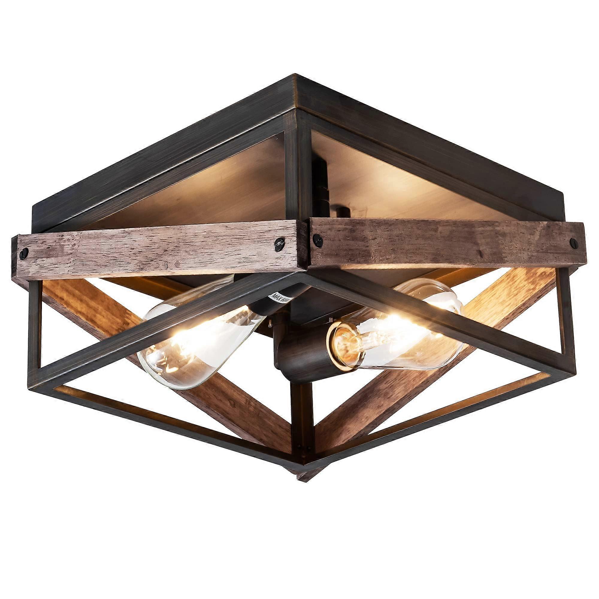 2-Light Rustic Ceiling Light Fixture, Farmhouse Flush Mount, Metal and Wood Square Lamp