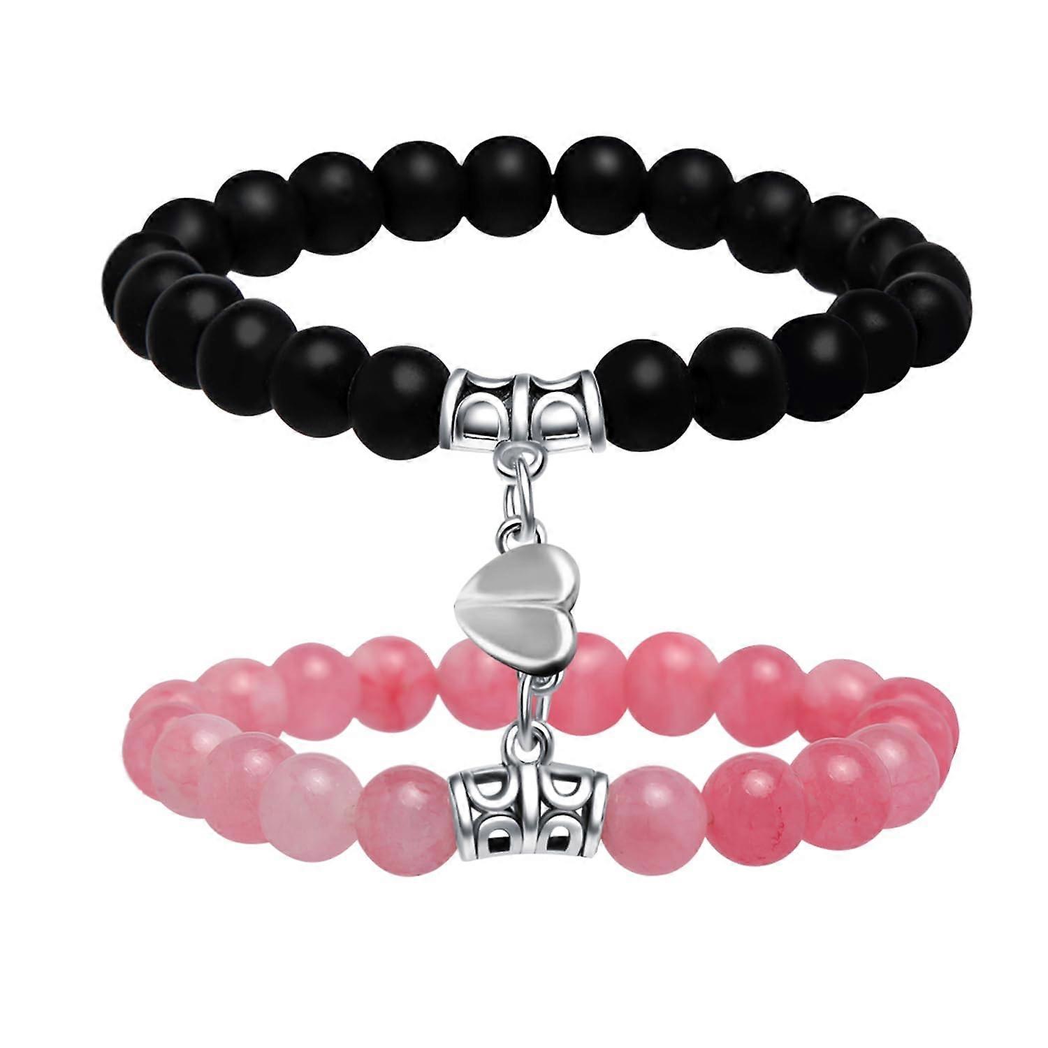 Double-Sized Heart Magnetic Bracelets for Couples, Friends, and Family - Pink and Black Gift Set for Parents and Daughters