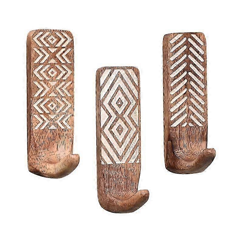 3 Pack Non-Destructive Wood Wall Hooks - Adhesive Wall Hooks - Boho Decorative Wall Hooks