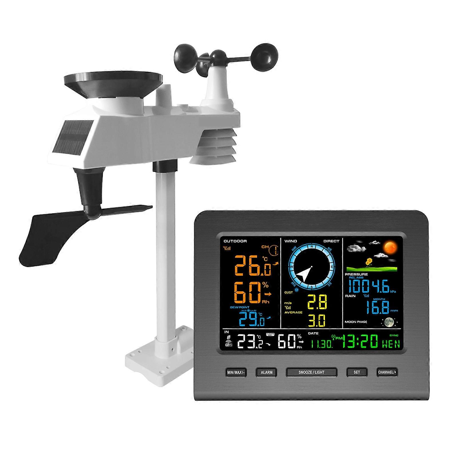 Wireless Outdoor Sensor Digital Station with Weather Forecast Temperature Air Pressure Humidity Wind Rain Gauge Moon Phrase Alarm Clock