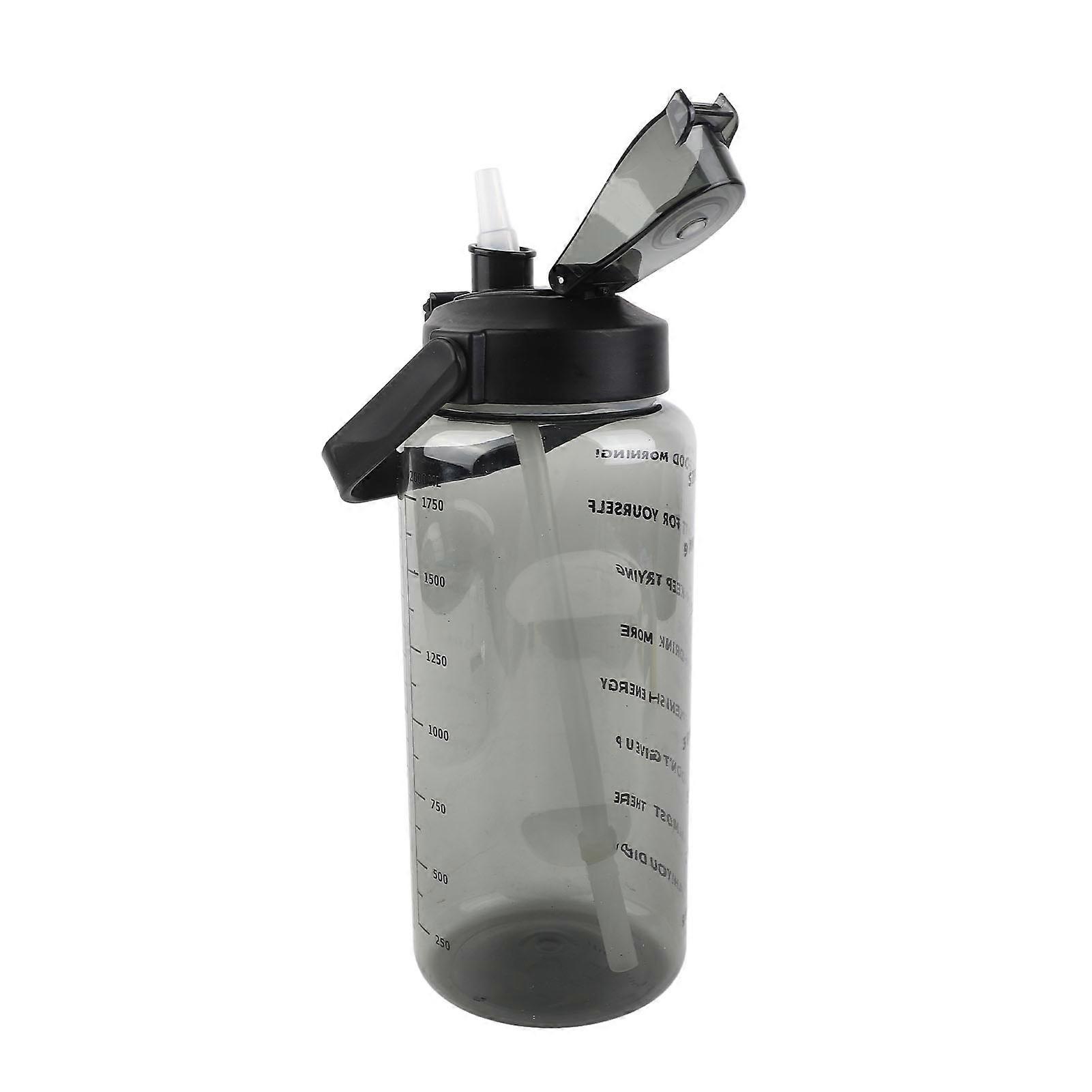 2000ml Large Water Bottle Leakproof High Temperature Proof Fitness Water Bottle with Straw and Time Scale Black