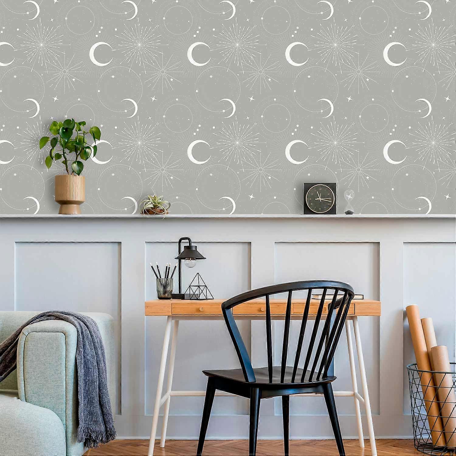 Wallpaper - Cosmic Fireworks - Elegant Pattern with Moons and Stars on Gray Background